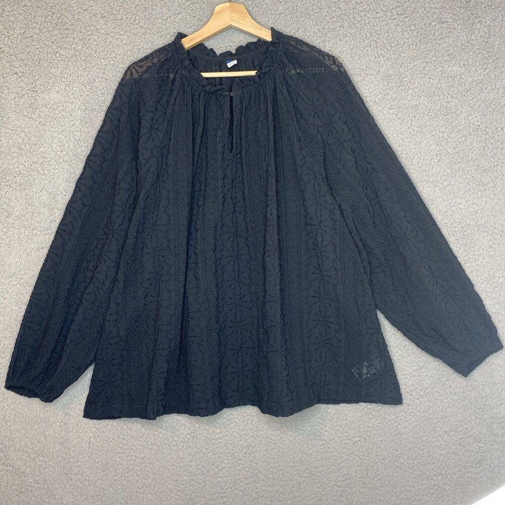 Old Navy XXL LS Open Neck Black Embroidered Sheer Top Tunic Plus Size 2XL